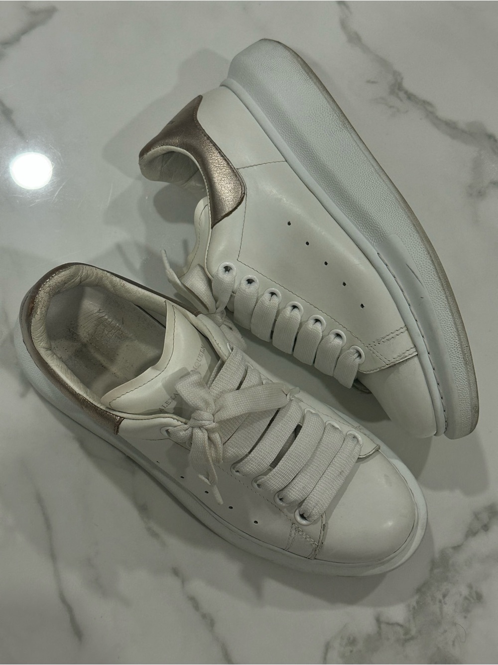 Alexander McQueen White Leather Sneakers with Rose Gold Heel Tab